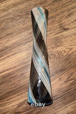 Art Glass Mezza Filigrana Blue, White, and Brown Vase 14.5 Tall Murano Vintage