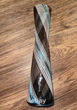 Art Glass Mezza Filigrana Blue, White, and Brown Vase 14.5 Tall Murano Vintage
