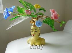 Asian Lady HEAD VASE with VICTORIAN GLASS FLOWER STEM BOUQUET vtg Murano Venetian