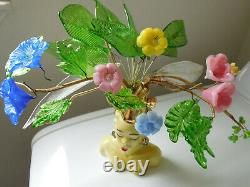 Asian Lady HEAD VASE with VICTORIAN GLASS FLOWER STEM BOUQUET vtg Murano Venetian