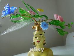 Asian Lady HEAD VASE with VICTORIAN GLASS FLOWER STEM BOUQUET vtg Murano Venetian