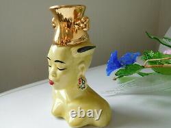 Asian Lady HEAD VASE with VICTORIAN GLASS FLOWER STEM BOUQUET vtg Murano Venetian