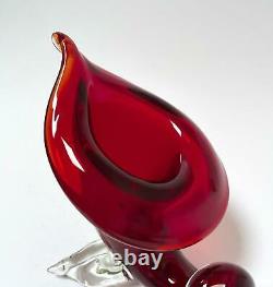 Authentic Vintage Italian Murano Glass Ruby Red Cornucopia Vase With Label