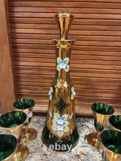 BEAUTIFUL Vintage HP Flowers GREEN & GOLD Glass Decanter MURANO With6 Cordials