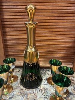 BEAUTIFUL Vintage HP Flowers GREEN & GOLD Glass Decanter MURANO With6 Cordials