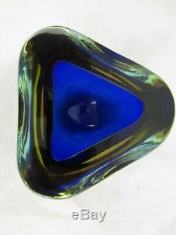 BIG Murano Poli Seguso era blue amber art glass triangle geode bowl vintage