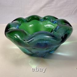 Beautiful Blue Green Hues Vintage Murano Glass Bowl Dish Rolled Edge 6 X 3