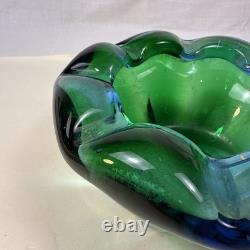 Beautiful Blue Green Hues Vintage Murano Glass Bowl Dish Rolled Edge 6 X 3