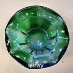 Beautiful Blue Green Hues Vintage Murano Glass Bowl Dish Rolled Edge 6 X 3