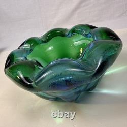 Beautiful Blue Green Hues Vintage Murano Glass Bowl Dish Rolled Edge 6 X 3