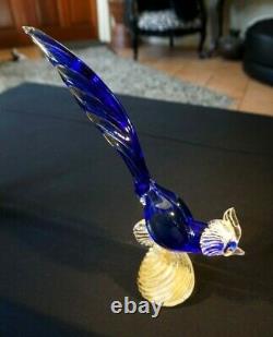 Beautiful Vintage Cobalt Blue And Gold Murano Glass Pheasant