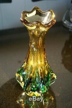 Beautiful Vintage Heavy Murano Glass Green And Gold Vase