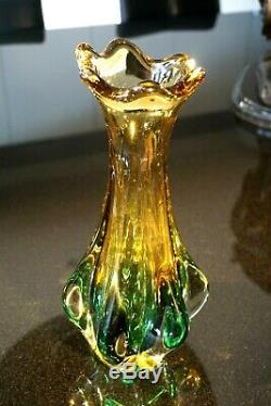 Beautiful Vintage Heavy Murano Glass Green And Gold Vase