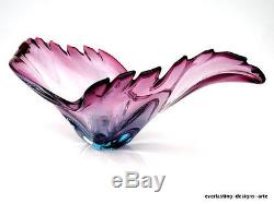 Beautiful XL Vintage Murano Free Formed Art Glass Lobe Dish majenta Pale blue