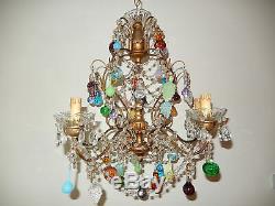 C1920 Vintage Murano Fruit Drops Gold Giltwood Crystal Swags Chandelier