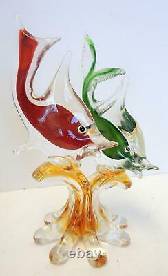 Captivating Vintage Murano Glass Red & Green Fish With Gold Pieces Inset
