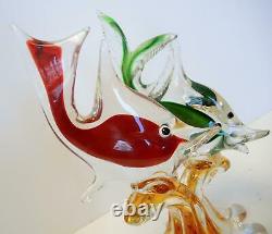 Captivating Vintage Murano Glass Red & Green Fish With Gold Pieces Inset