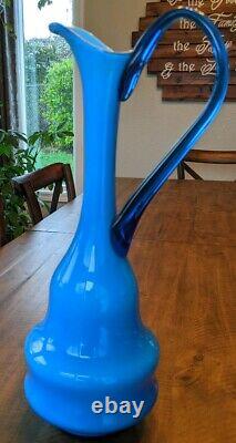 Carlo Moretti Empoli Murano Blue Cased Glass Jug Pitcher Ewer vintage MCM