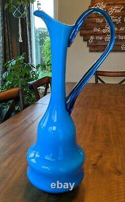 Carlo Moretti Empoli Murano Blue Cased Glass Jug Pitcher Ewer vintage MCM