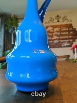 Carlo Moretti Empoli Murano Blue Cased Glass Jug Pitcher Ewer vintage MCM