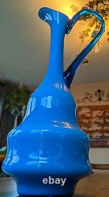 Carlo Moretti Empoli Murano Blue Cased Glass Jug Pitcher Ewer vintage MCM