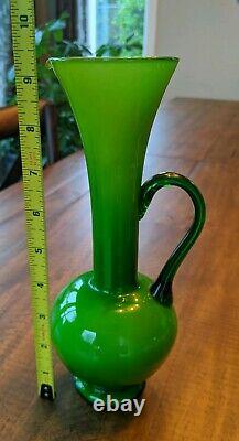 Carlo Moretti Empoli Murano Green Cased Glass Jug Pitcher Handle MCM VTG