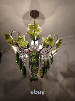 Chandelier Vintage Murano Milk Glass Green Hands Painted Crystal Ceiling Light