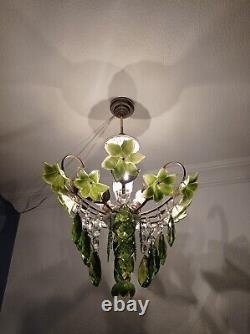Chandelier Vintage Murano Milk Glass Green Hands Painted Crystal Ceiling Light