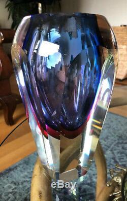 EXCEPTIONAL VTG Murano Italian Art Glass Sommerso Electric Blue Red UFO Vase