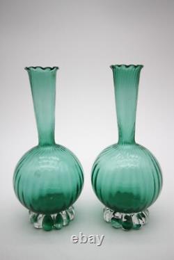 Emerald Green Vintage Murano Glass vases 7 1/4 h Set of 2