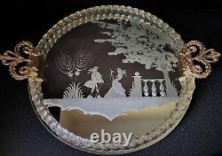 Etched Vintage Murano Glass Round Handled Mirrored Vanity Tray