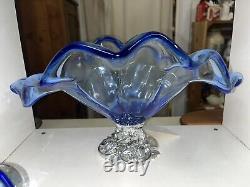 Excellent Vintage Murano Art Glass Blue Crystal Italy-15 Silver Footed Bowl