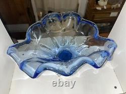 Excellent Vintage Murano Art Glass Blue Crystal Italy-15 Silver Footed Bowl