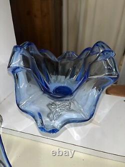 Excellent Vintage Murano Art Glass Blue Crystal Italy-15 Silver Footed Bowl