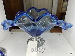 Excellent Vintage Murano Art Glass Blue Crystal Italy-15 Silver Footed Bowl