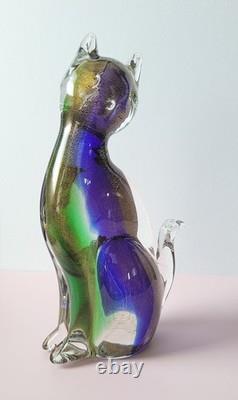 Exquisite Vintage Murano Sommerso Art Glass Cat Figurine ft. Gold Leaf 8.5H