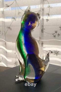 Exquisite Vintage Murano Sommerso Art Glass Cat Figurine ft. Gold Leaf 8.5H