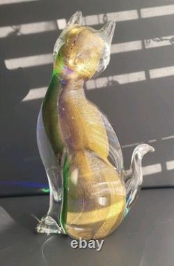 Exquisite Vintage Murano Sommerso Art Glass Cat Figurine ft. Gold Leaf 8.5H