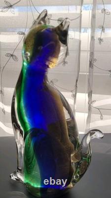 Exquisite Vintage Murano Sommerso Art Glass Cat Figurine ft. Gold Leaf 8.5H