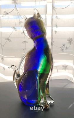 Exquisite Vintage Murano Sommerso Art Glass Cat Figurine ft. Gold Leaf 8.5H