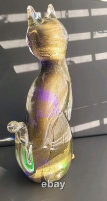 Exquisite Vintage Murano Sommerso Art Glass Cat Figurine ft. Gold Leaf 8.5H