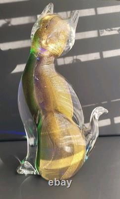 Exquisite Vintage Murano Sommerso Art Glass Cat Figurine ft. Gold Leaf 8.5H