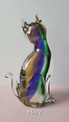 Exquisite Vintage Murano Sommerso Art Glass Cat Figurine ft. Gold Leaf 8.5H