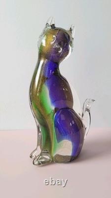 Exquisite Vintage Murano Sommerso Art Glass Cat Figurine ft. Gold Leaf 8.5H