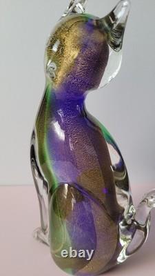 Exquisite Vintage Murano Sommerso Art Glass Cat Figurine ft. Gold Leaf 8.5H