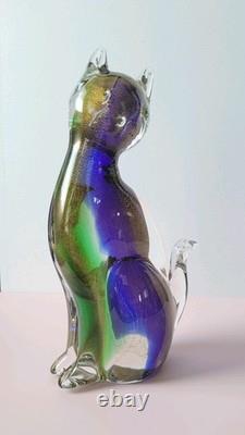 Exquisite Vintage Murano Sommerso Art Glass Cat Figurine ft. Gold Leaf 8.5H