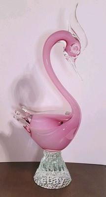 Exquisite Vintage Murano Sommerso Art Glass Swan -Opaline & Pink 14H