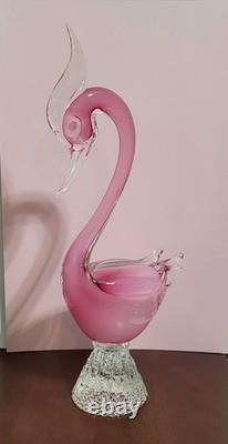 Exquisite Vintage Murano Sommerso Art Glass Swan -Opaline & Pink 14H