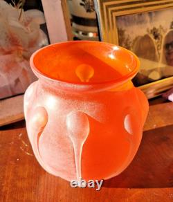 FREE SHIP Vtg Murano Scavo Vase Frosted Finish Applied Orange Glass Elements 8