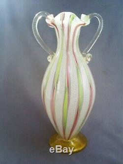 Fine Vintage Venetian Murano Latticino Zanfirico Ribbon Gold Leaf Art Glass Vase